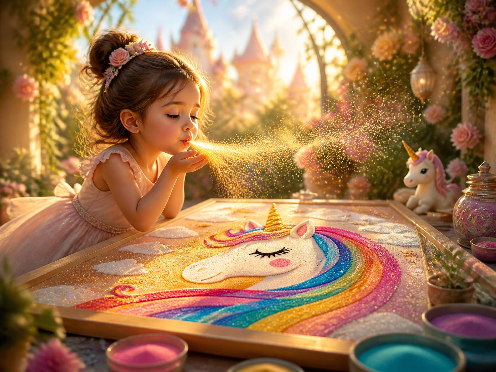 A child blowing sparkling sand off a unicorn sand art